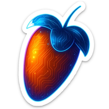 Transform the FL Studio logo into a cyberpunk, holographic style with glowing neon blue and pink edges and circuit patterns throughout the entire icon. Maintain the recognizable fruit shape with a vibrant orange pepper. Overlay neon and circuit effects in a futuristic, clean style consistent with cyberpunk aesthetics. The whole icon should have a consistent cyberpunk glow and intricate circuit details on a transparent background. sticker