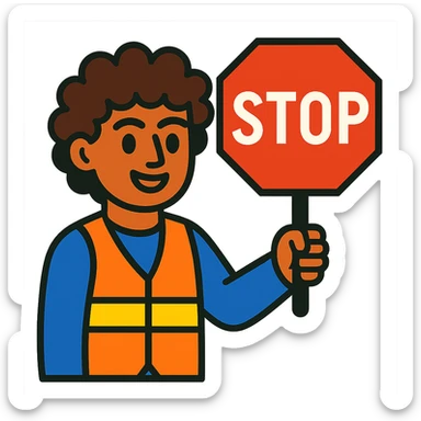 brunette person with curly hair holding a stop sign, vibrant toon style sticker
