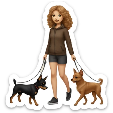 A light brown haired girl, walking one mini black and tan miniature Pinscher and one very big fluffy light brown Spitz on the lead sticker