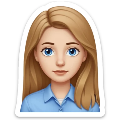 A pretty white girl with long slightly light brown hair dark eyebrows and braces and blue eyes wearing a white shirt and she has a long face sticker