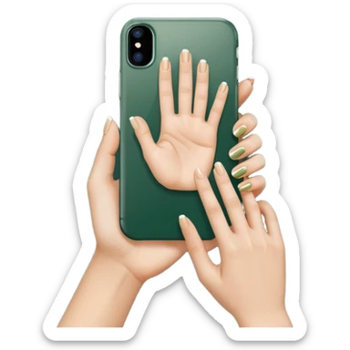 female hand with nude manicure showing 5 fingers holding a white iPhone in a dark green case, top view, emoji style sticker