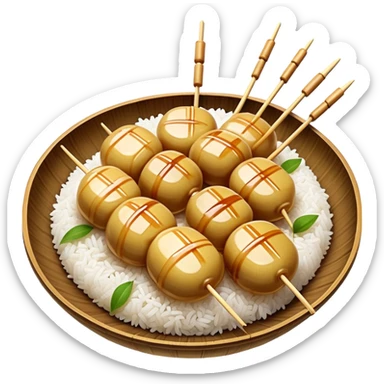 Mitarashi dango with shiny soy sauce glaze drizzled over white rice dumplings on a bamboo skewer sticker