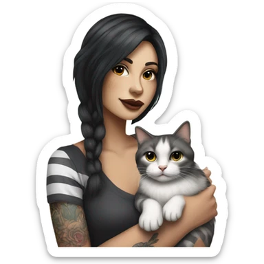 Beautiful dark haired tattooed woman holding gray and white stripe long haired cat sticker