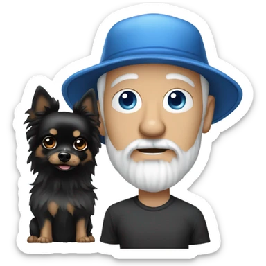 Blue eye Old man with goatee beard ball cap holding black Chihuahua long hair sticker