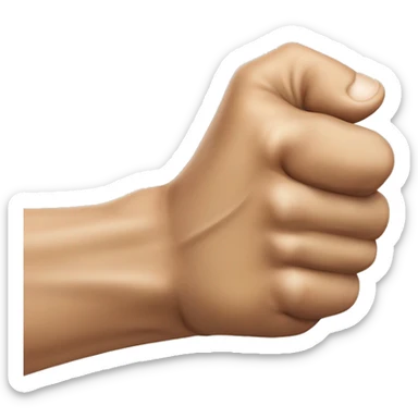 The right hand is made into a fist.
The thumb sticks out and is tucked under the fist.
With the fist tightly closed, the hand is extended forward with an exaggerated arm movement. the man sticker