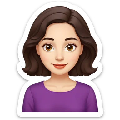 Warm enthusiastic woman with light skin, oval face, soft defined features, large expressive brown eyes, medium arched eyebrows, small nose, medium lips with relaxed smile, long wavy dark brown hair styled simply, wearing a soft vibrant colored elegant blouse sticker