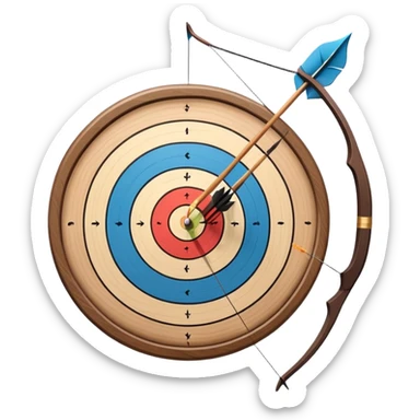 A professional recurve bow with an arrow nocked, ready to be released. The target features concentric rings, placed at a distance. The emphasis is on the bow, arrow, and target, highlighting the precision, focus, and skill involved in competitive archery. sticker