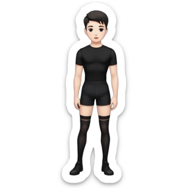 Male in his 20s, clean shaven, feminine look, wearing black thigh highs, black crops, black feminine shorts, is a femboy.   sticker