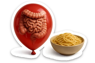 intestino umano anatomico chiuso in un palloncino rosso che simboleggia gonfiore, accanto una bowl di pasta, iperrealistico 4k sticker