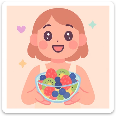 A cheerful person holding a glass bowl of colorful fruit salad, with vibrant pieces of strawberries, kiwis, and blueberries visible. The person should be wearing a casual, light-colored tank top, and have a friendly, bright smile as they prepare to take a bite with a spoon. sticker