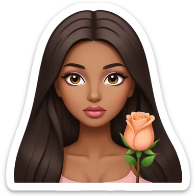 Glamorous , brown, very beautiful girl, with big pump peach-beige-rose lips, long long lashes, black straight smooth silky long hair, straight parting hair, brown eyes sticker