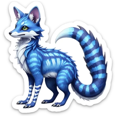 Feral Rare Fantasy iridescent scaly evil spooky vibrant dark shady shaded detailed deep-dark-cobalt-blue-gradients-colored colorful Vernid-Sergal-Genet-Trico-Fox-species by LiLaiRa, with dark-blackish points, white belly, random markings, tufted tail, tufted ears, full body sticker