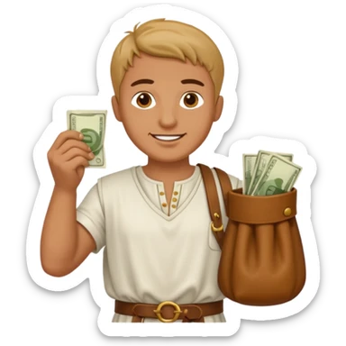 Emoji portrait of a Roman merchant. Loose-fitting clothes, holding a money pouch, cheerful expression. sticker
