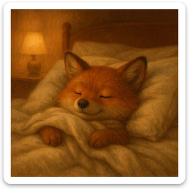 a cozy animal snuggled in bed with soft blankets and warm atmosphere, peaceful and inviting scene sticker