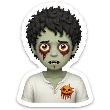 Boy, zombie, black hair, curly hair with white tips, shaggy, dark, spooky, creepy expression, white shirt sticker