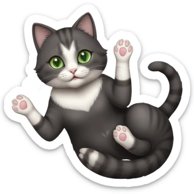beautiful female solid dark grey cat with green eyes, white toes/paws and white patch on her chest rolling upside down sticker
