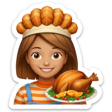 happy tan girl with an orange striped sweater and a cooked browned turkey on her head  sticker