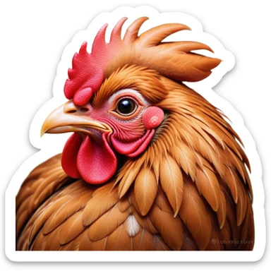 Meme-Worthy Cute Sleeping Brown Rooster Portrait Emoji, Head resting peacefully with a contented smile, showcasing a robust build and a luxuriously soft brown plumage, eyes shut in a serene, restful nap, Simplified yet hilariously adorable features, highly detailed, glowing with a soft, drowsy light, high shine, relaxed and utterly lovable, stylized with an air of playful laziness, bright and heartwarming, soft glowing outline, capturing the essence of a comically sleepy rooster, so meme-worthy it feels like it could instantly become the next viral sensation of adorable slumber! sticker