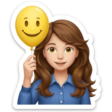Teen girl wavy brown hair, with smiley-face balloon sticker