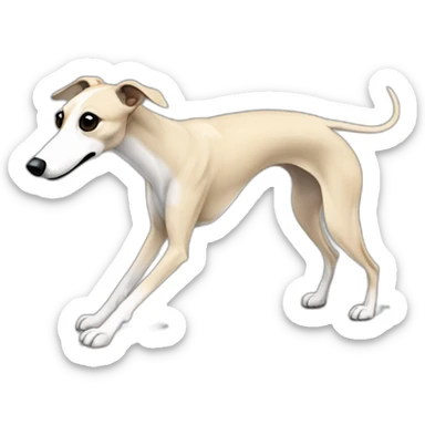 a beige whippet mid-walk, with a dark snout, black and white mouth patchy and black angel wing like eyes sticker