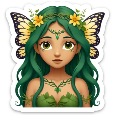 Cinematic Realistic Forest Nymph Fairy Portrait, depicted with lifelike, sun-kissed tanned skin that radiates an earthy glow, softly illuminated by natural, dappled light. Her long, flowing dark green hair is intricately detailed and interwoven with delicate vines and wildflowers, while her deep, soulful eyes mirror the wisdom of the forest. Dressed in an attire inspired by nature’s palette—with subtle botanical motifs—the portrait exudes a soft, enchanted glow that melds realism with woodland magic showing her large butterfly wings. sticker