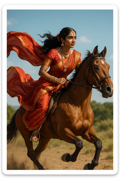 East Indian woman galloping on a horse, flowing sari, dramatic movement, ornate jewelry, lively scene, confident posture, sunlit environment sticker