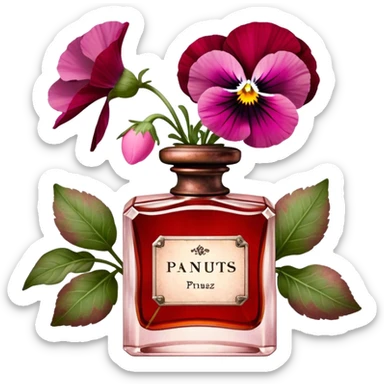 "A rustic red perfume bottle with an aged patina sits beside delicate quartz pink pansies. Soft natural light enhances the vintage charm, creating a warm, romantic ambiance." sticker