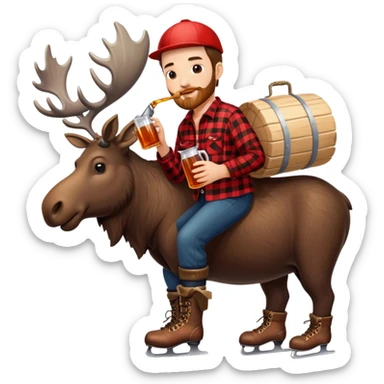 Canadian lumberjack man wearing red and black flannel shirt, drinking from a jug of maple syrup, holding a Canadian flag, and wearing ice skates, while riding on a moose, with snowcapped mountains in the background sticker
