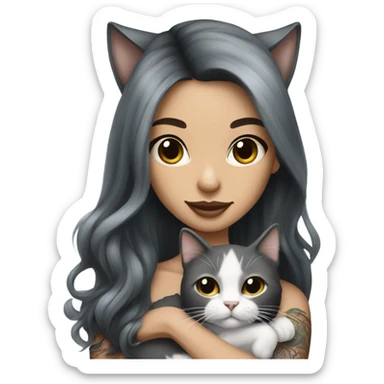 Beautiful dark haired tattooed woman holding gray and white long hair cat sticker