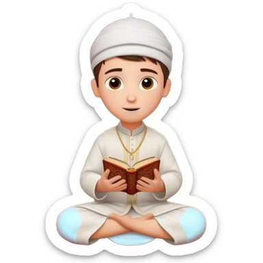 Personnage 3D mignon en style Pixar, un petit garçon portant un qamis blanc et un kufi, tenant un tapis de prière, entouré de lanternes brillantes, fond doux, couleurs chaudes, sticker