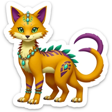 Kawaii cute reddish orangish yellowish greenish purplish exotic tribal beautiful pretty elegant divine edgy feline-vernid-sergal-Fakémon-Pokémon-Digimon-fursona-animal-creature with accessories, jewelries, full body, with intricate detailed markings sticker
