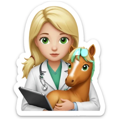A young woman with green eyes and blonde hair, a veterinarian, with a caramel-colored pony in her lap. sticker