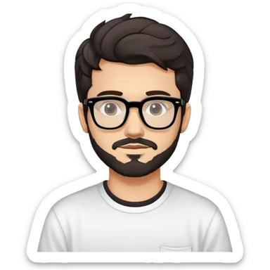 young adult man with light skin, short beard, dark wavy hair, relaxed expression, very wide rectangular glasses with thick black acetate frame and thick double bridge, retro oversized style, colorful open shirt and white t-shirt sticker