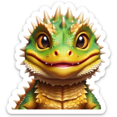 Cinematic Cute Bearded Dragon Portrait Emoji, Head tilted playfully and inquisitively, featuring a glossy, scaled hide in warm olive hues with an adorably scrunched spiky beard and round, sparkling eyes full of curious mischief, Simplified yet irresistibly adorable features, highly detailed, glowing with a warm, friendly glow, high shine, affectionate and lively, stylized with a touch of rugged whimsy, bright and endearing, soft glowing outline, capturing the essence of a mischievous yet loving dragon, so playful it feels like it could scamper out of the screen into your arms! sticker