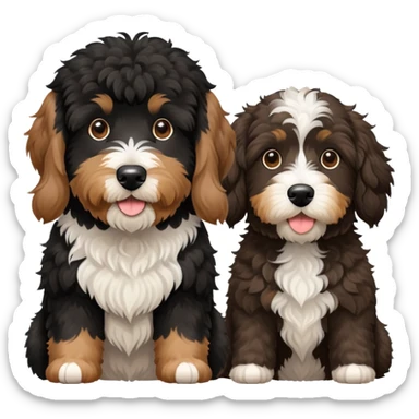 2 dogs: one light brown Aussiedoodle, one all-black Bernedoodle with white eyebrows some white markings, no brown coloring. Both same size. sticker