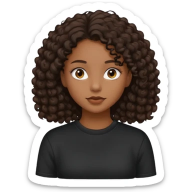 girl with brown skin, dark curly brown hair shoulder length and plain black crewneck t-shirt sticker