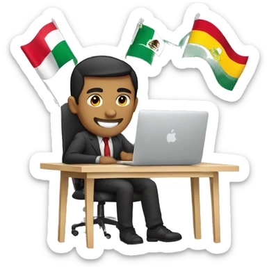 men working on a desk with a macbook  and the mexican and brasil flags on the background  sticker
