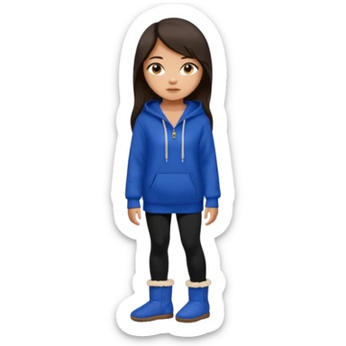 A pretty white/asian tanned girl with medium long strait dark brown almost black hair wearing a royal blue hoodie and black leggings pretty tan with Ugg slippers sticker
