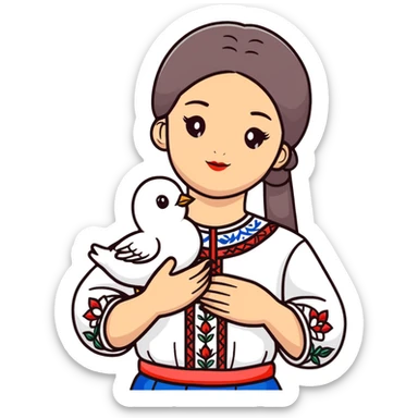 Ukrainian girl wearing a traditional embroidered vyshyvanka shirt with a white dove of peace next to her sticker
