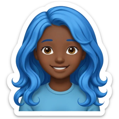 blue haired girl, dark skin, wavy long hair, smiling emoji sticker