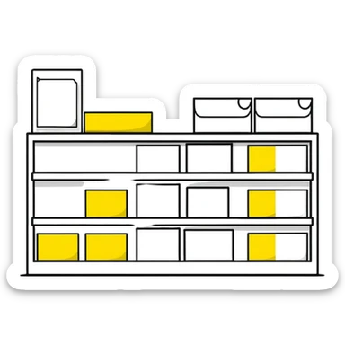 big long white shelf with luxury brand serum and big sticky note sticker