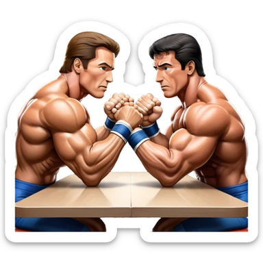 Arnold Schwarzenegger and Sylvester Stallone from 'Over the Top,' locked in an arm wrestling battle, using only their right hands. Their left hands rest on the table. Both display immense strength, with muscular arms flexing, under bright competition lights. Transparent background. sticker