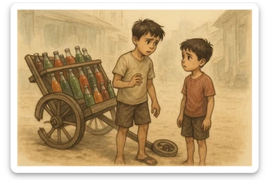 Bir g'ildiragi singan ichimliklar ortilgan arava uning yonida aka uka bir biriga havotirli nigoh bilan qarab turibdi  sticker