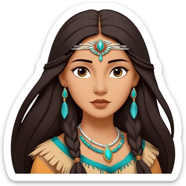 Cinematic Realistic Elegant Pocahontas Portrait, depicted with sun-kissed, warm skin rendered in lifelike detail and soft, natural lighting that accentuates its gentle glow. Her long, flowing dark hair is intricately detailed with natural movement, and her wise, expressive eyes shine with a deep, serene intensity. She is dressed in traditional attire with rich earthy tones and subtle turquoise accents, each fabric fold and texture rendered authentically. The portrait exudes a natural radiance that captures the timeless, indigenous beauty of Pocahontas with depth and authenticity. sticker