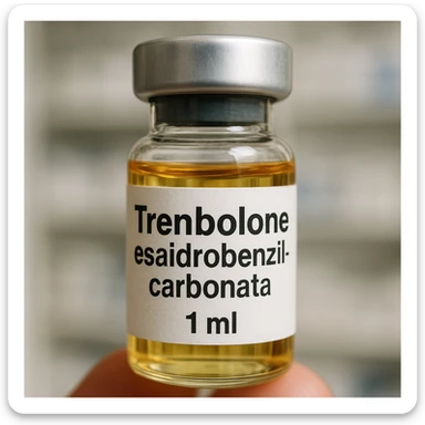 Create a realistic zoomed-in image of a vial labeled 'Trenbolone esaidrobenzilcarbonata'. The label should be clearly readable with the name 'Trenbolone esaidrobenzilcarbonata'. Show detailed features of the vial and the label. The background should be neutral or a blurred pharmacy setting. Maintain the realistic style as in the reference image. sticker