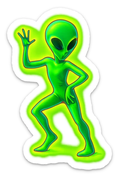 Edit the image of a dancing alien in neon green with a 3D effect and glowing background. Create a new pose. The image should be PNG with a transparent background, highlighting the 3D neon green glow and glowing background effect. sticker