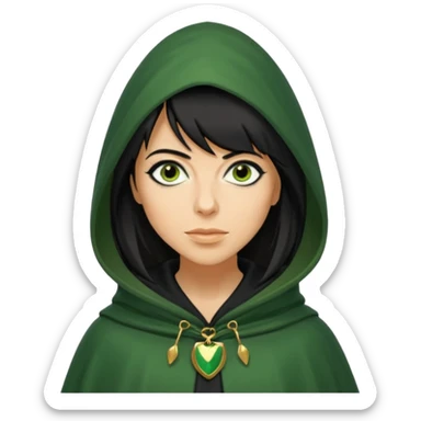 claudia winkleman as a traitor with a green hooded cloak with a gold clasp and dark black eyeliner sticker