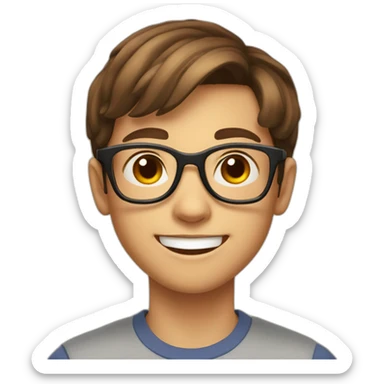 a 12-year-old boy with brown hair and glasses smiles broadly sticker