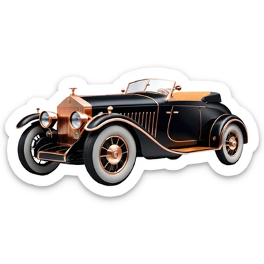 Dark black Bare bones streamlined (stripped down) hot rodded inlaid rose gold and wood accentuated sporty 1932 Rolls Royce with futuristic electric spaceship plasma neon glowing motors and lightening dynamos with wide racing wheels that are held strong by advanced suspension and steering sticker