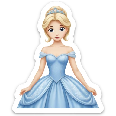 Cinematic Realistic Cinderella Portrait, depicted with lifelike porcelain skin, elegantly styled blonde hair, and a serene, graceful expression. Dressed in her classic ball gown with intricately detailed fabric textures and delicate pastel hues that catch soft, natural lighting, this portrait captures the timeless beauty of a fairy tale princess. sticker